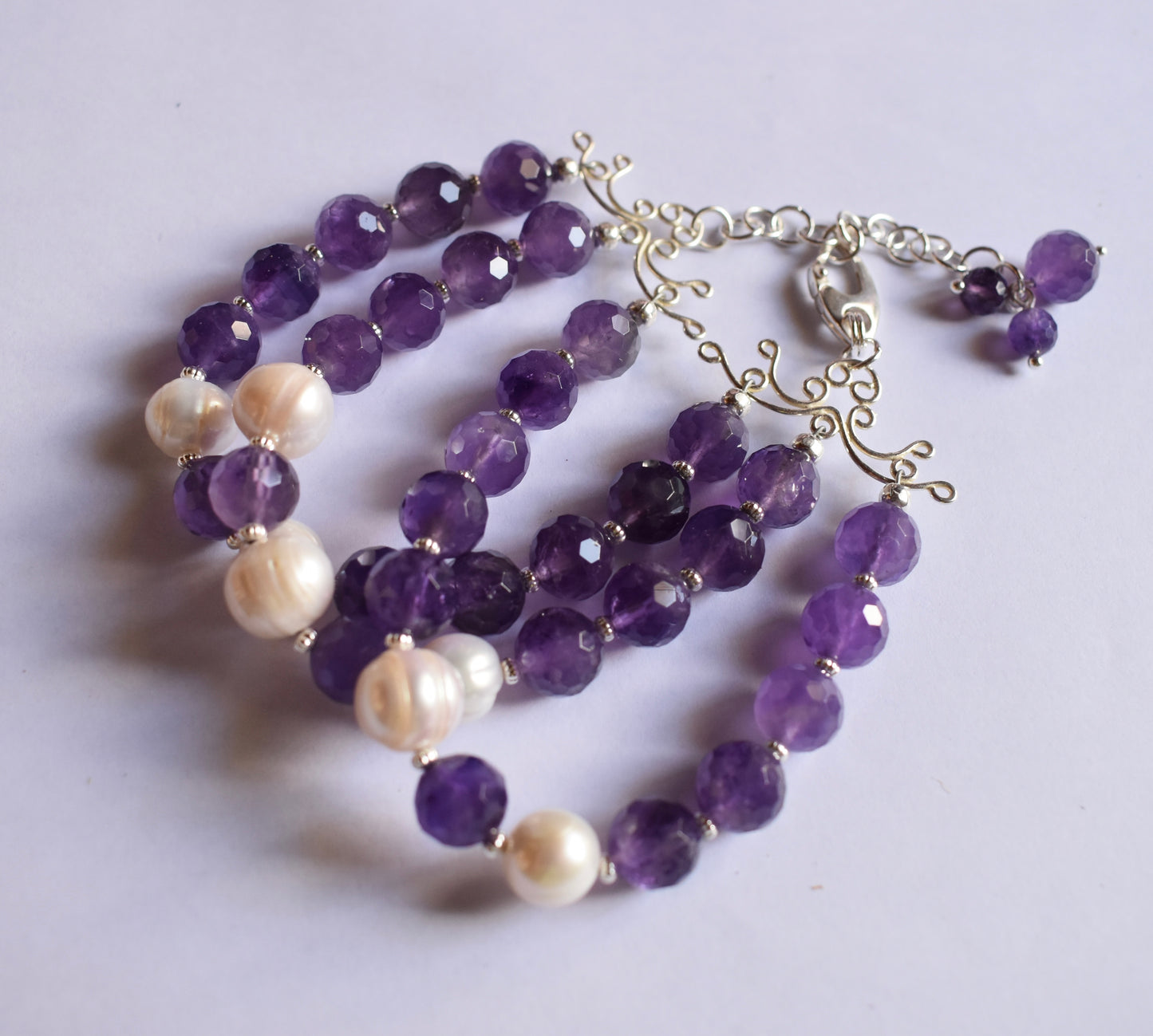 Amethyst and Pearl Triple Strand Bracelet